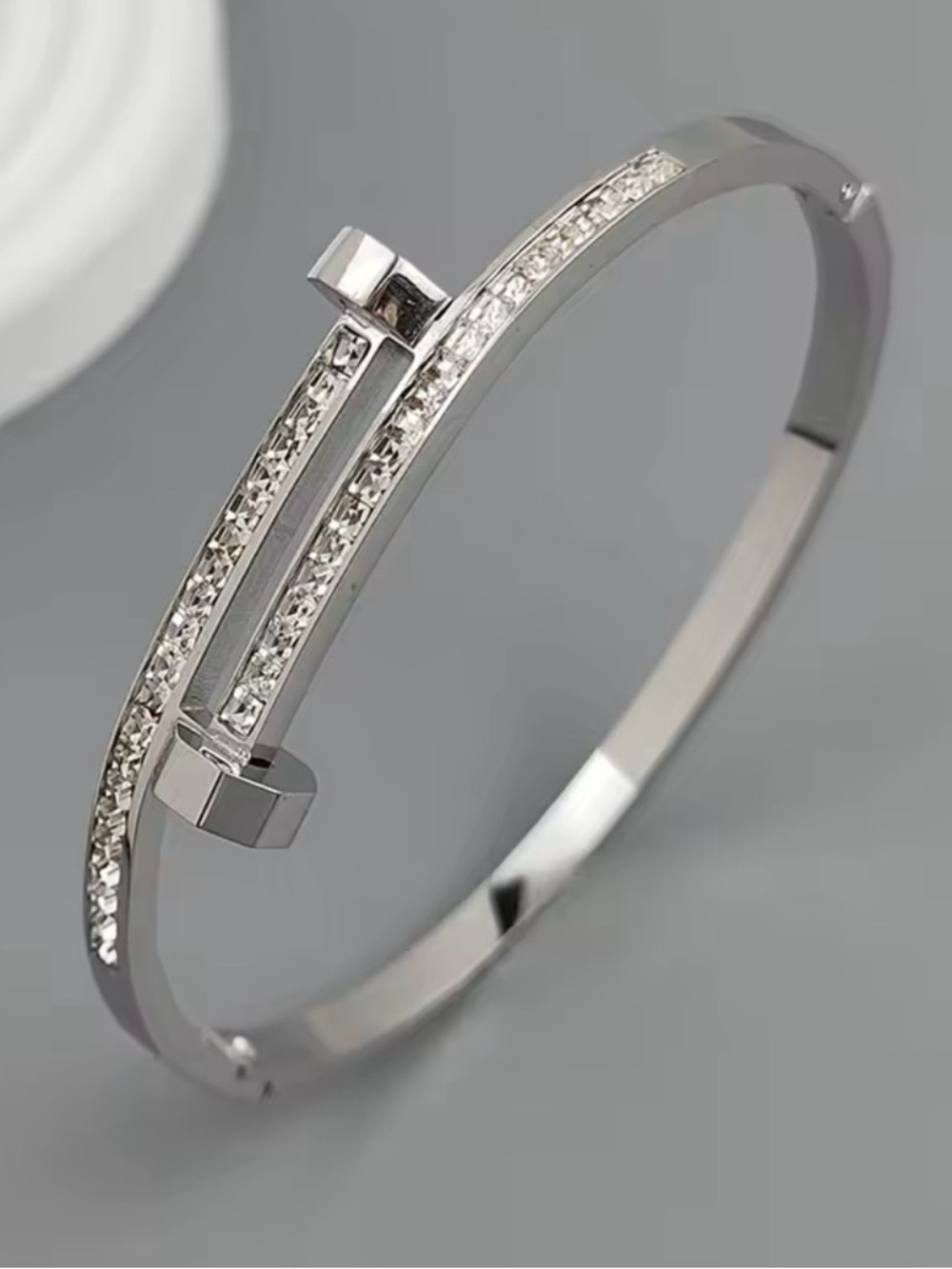 Silver Clear Crystal Bar Hinged Bangle Bracelet